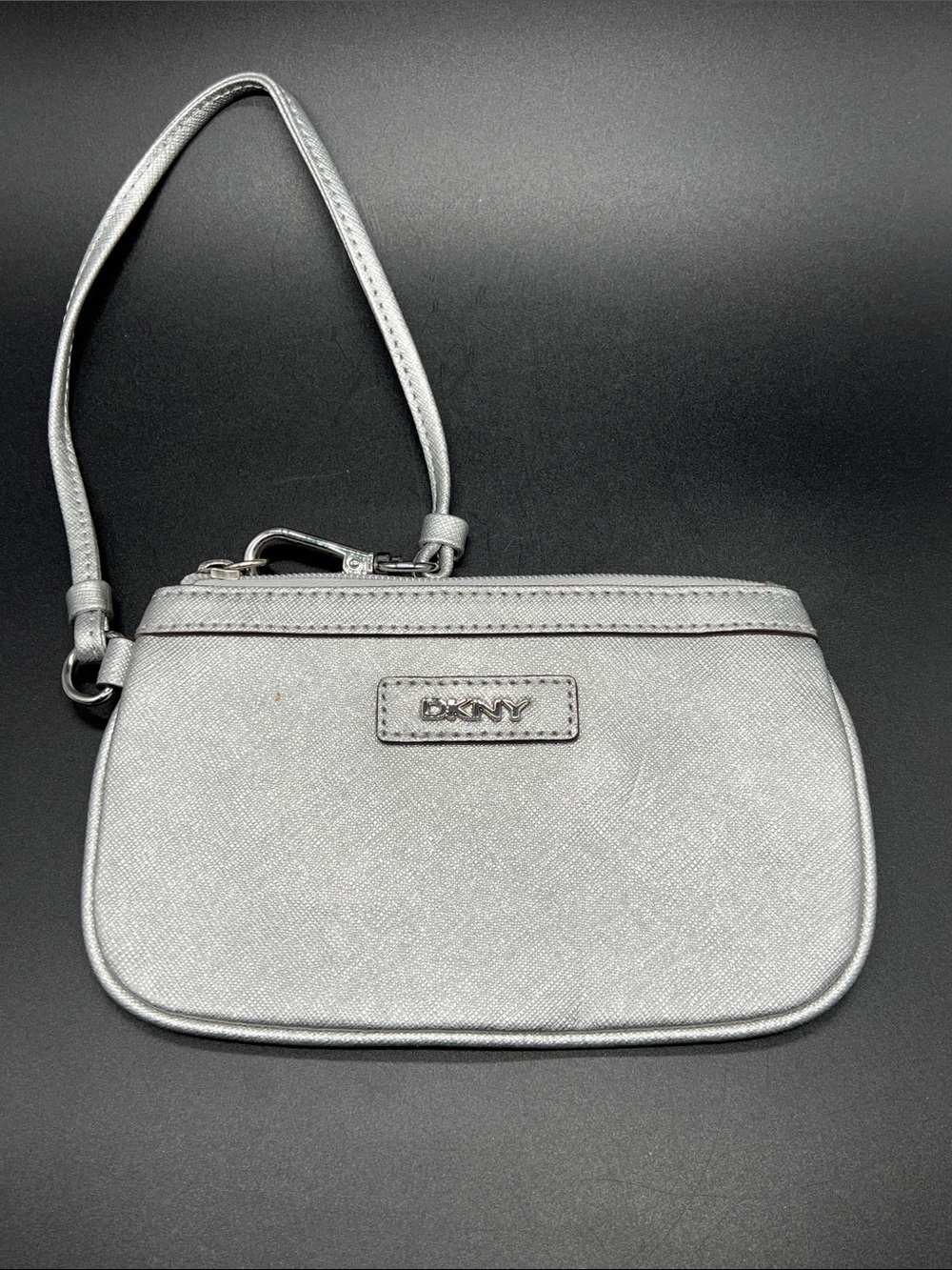 DKNY Silver Wristlet Mini Bag Y2K Metallic Zip Pouch Small Handbag